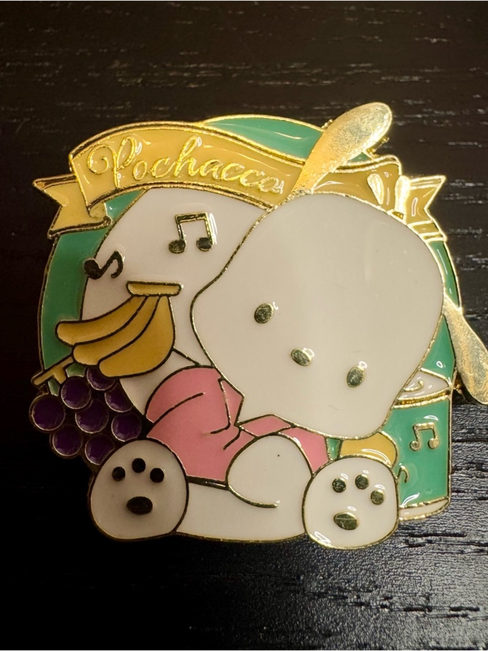 Sanrio Pochacco Enamel Pin - White, Pink & Teal with Gold Trim